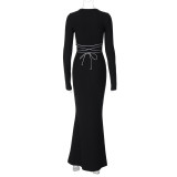 Women Fall/Winter Solid Round Neck Long Sleeve Lace-Up Maxi Dress