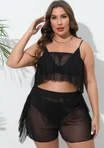 Plus Size Women Sexy See-Through Mesh Ruffled Beach Cover-Up Two-Piece Set