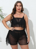 Plus Size Women Sexy See-Through Mesh Ruffled Beach Cover-Up Two-Piece Set