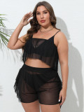 Plus Size Women Sexy See-Through Mesh Ruffled Beach Cover-Up Two-Piece Set
