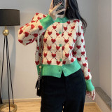 Women Color Block Heart Print Knitting Round Neck Sweater