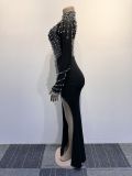 Women Beaded See-Through Bodycon Stretch Slit Dress