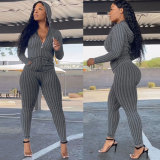 Women Sexy Stretch Ribbed Hooded Top and Pant Two-piece Set