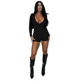 Autumn Women's Sexy Low Neck Tight Fitting Long Sleeve High Waist Solid Color Short Jumpsuit