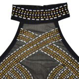 Women Solid mesh Beaded Halter Neck Long Dress