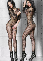 Sexy See-Through Striped One-Piece Tight Fitting Slim Fit Long-Sleeved Jumpsuit