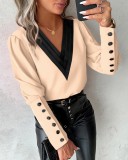 Women V Neck Solid Long Sleeve Button Top