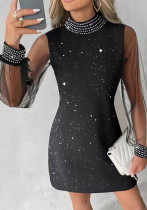 Women Round Neck Printed Lace Long Sleeve Bodycon Dress