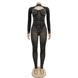 Fashion Women's Solid Color Mesh Beaded Long Sleeve Nightclub Jumpsuit