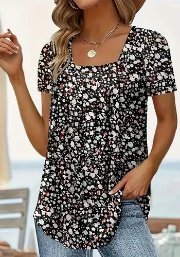 Pleated Square Neck Printed Short Sleeve Women's Top