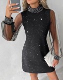 Women Round Neck Printed Lace Long Sleeve Bodycon Dress