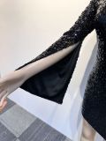 Women Sexy Beaded Turndown Collar Bodycon Sequined Slit Dress