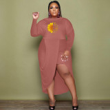 Plus Size Women Solid Long Sleeve Fake Two-piece Dress