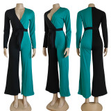 Women v-neck sexy solid color jumpsuit with belt