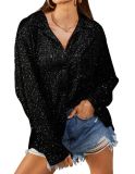 Women Sequin Long Sleeve Turndown Collar Casual Shirt