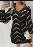 Women long sleeve printed u-neck puff sleeve dress