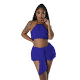 Fashionable Solid Color Halter Crop Top Mini Skirt Two-Piece Set