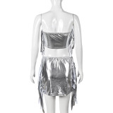 Spring Silver Strapless Ripped Two Piece Skirt Set For Women