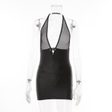 Sexy Halter Neck Hollow Net Pu Leather Patchwork Backless Bodycon Dress