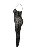 Nightclub Style Sexy Black Lace Pattern Hollow Straps See-Through Tight Fitting Plus Size Jumpsuit