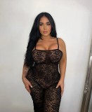 Nightclub Style Sexy Black Lace Pattern Hollow Straps See-Through Tight Fitting Plus Size Jumpsuit