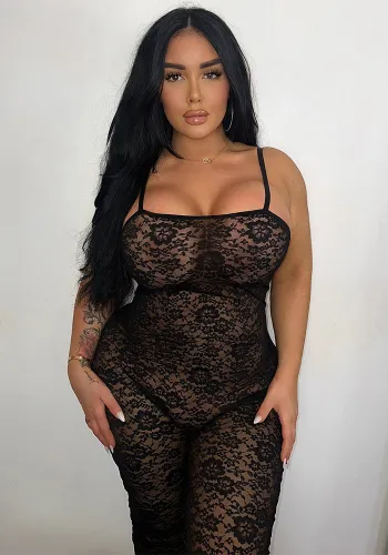 Nightclub Style Sexy Black Lace Pattern Hollow Straps See-Through Tight Fitting Plus Size Jumpsuit
