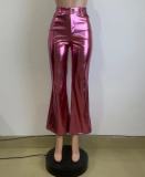 Women's Spring And Winter Metallic Bell Bottom Casual Long Leather Pants