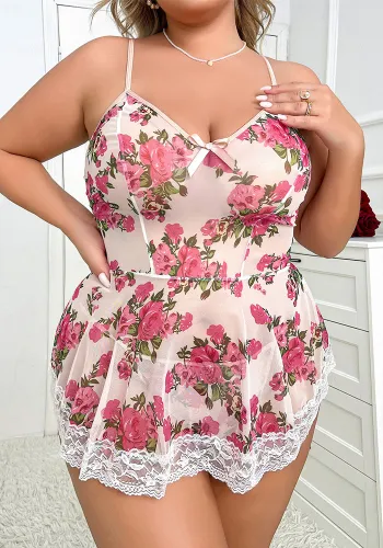 Plus Size See-Through Floral Mesh Erotic Lingerie Sexy Pajamas Straps Nightgown