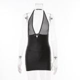 Sexy Halter Neck Hollow Net Pu Leather Patchwork Backless Bodycon Dress
