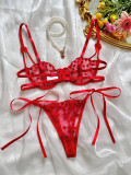 Romantic Heart Embroidered Sexy See-Through Mesh Bra Thong Lingerie Set
