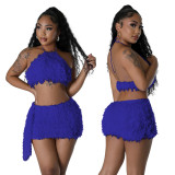 Fashionable Solid Color Halter Crop Top Mini Skirt Two-Piece Set