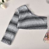 Spring Single Sleeve Striped Knitting Crop Shirt Top For Women