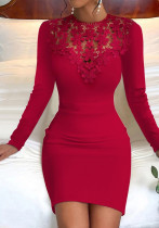 Spring And Winter Round Neck Lace Long Sleeve Slim Waist Bodycon Dress Women's Clothing