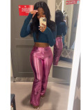 Women's Spring And Winter Metallic Bell Bottom Casual Long Leather Pants