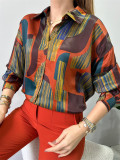 Women's Versatile Loose Fashionable Printed Satin Long Sleeve Blouse