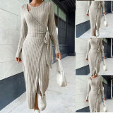 Women Solid Round Neck lace-up elegant knitting dress