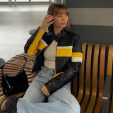 Women Street Style Pu-Leather Striped Color Block Loose Jacket