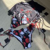 Women Sexy Skull Rose Print Three-Piece Swimwear