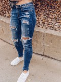 Women Ripped Washed Denim Tight Pants
