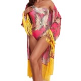 Women Printed Sun Protection Tassel Cover Up Swimwear Bikini Two Piece Set