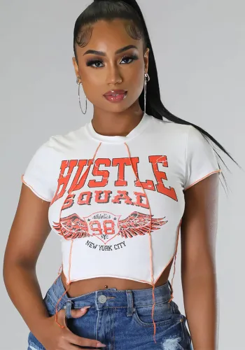 Women Round Neck Crop Tassel Short Sleeve Letter Top