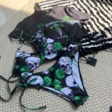 Women Sexy Skull Rose Print Three-Piece Swimwear