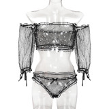 Women Ruffle Edge See-Through Bow Off Shoulder Half-Sleeve Sexy Lingerie Two-piece Set