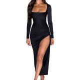 Women Autumn and Winter Solid Sexy Pleated Bodycon Dress