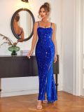 Women Sexy Slit Lace Backless Sequin Evening Dress