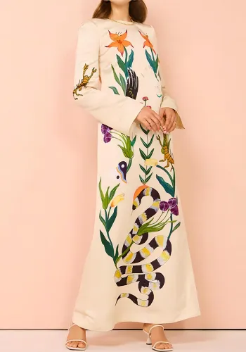Women Long Sleeve Backless Animal Print Streetwear Casual Maxi Dress