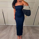 Summer Women Strapless Sexy Off-Shoulder Solid Pleated Dress