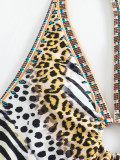 Women Bikini Leopard Print Strappy Halter Neck Backless Mesh Skirt Swimwear