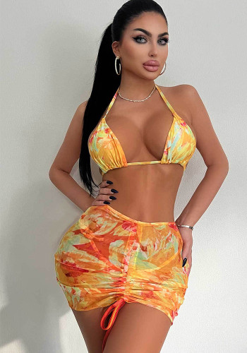 Women Printed Sexy String Bikini Bodycon Skirt Swimwear Three-Piece