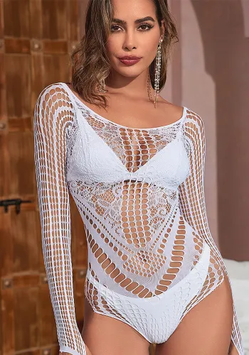 Women Jacquard Net Bikini Long Sleeve Jumpsuit Sexy Lingerie